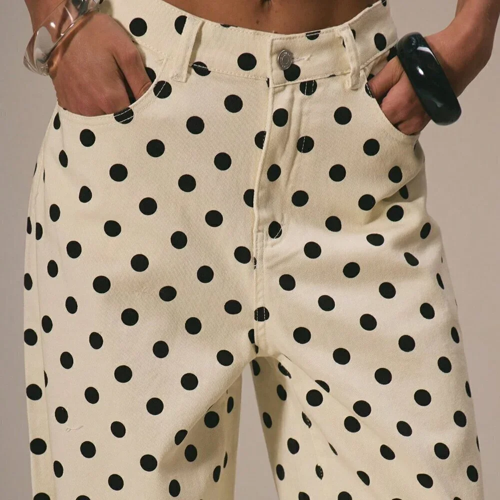 Beige Casual Women's Dainty Polka Dot Denim Straight Leg Mid Rise pants